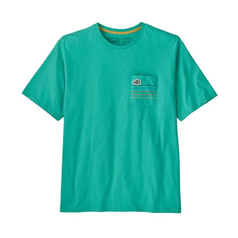 Patagonia Line Logo Ridge Stripe Organic Pocket T-Shirt in Fresh Teal